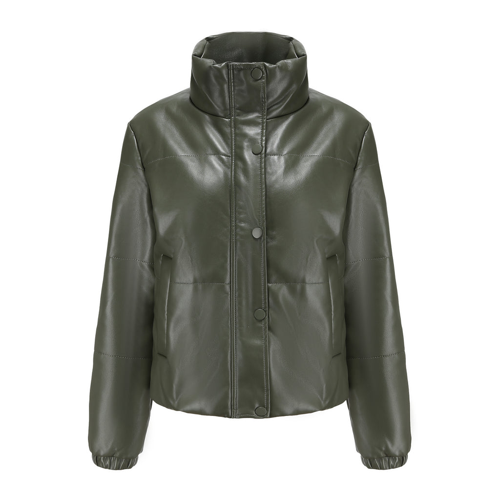 Faux Leather Stand Collar Puffer Jacket - Olive