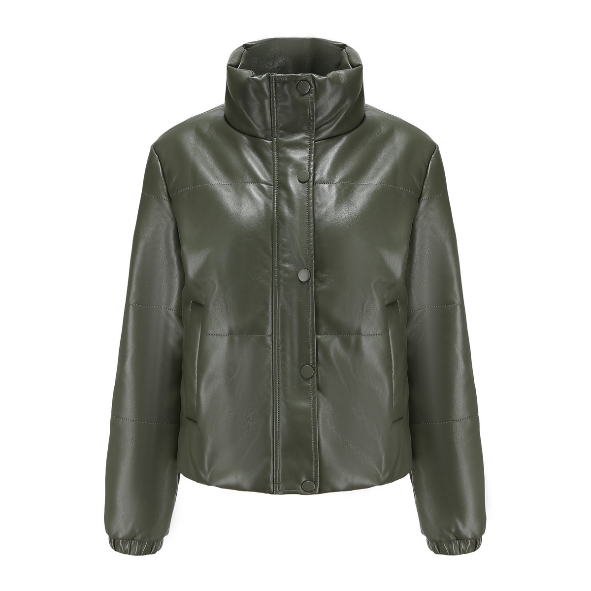 Faux Leather Stand Collar Puffer Jacket - Olive