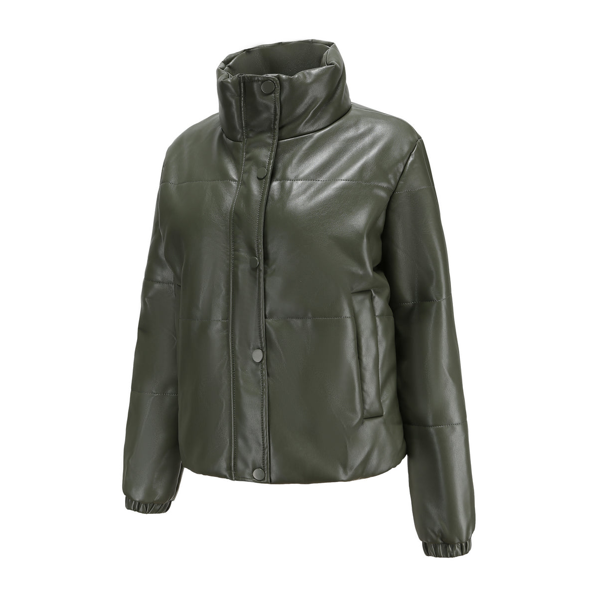 Faux Leather Stand Collar Puffer Jacket - Olive - 1