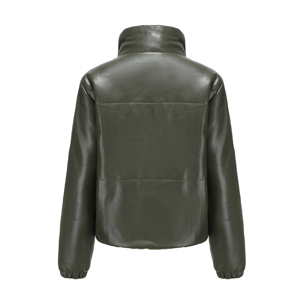 Faux Leather Stand Collar Puffer Jacket - Olive - 2