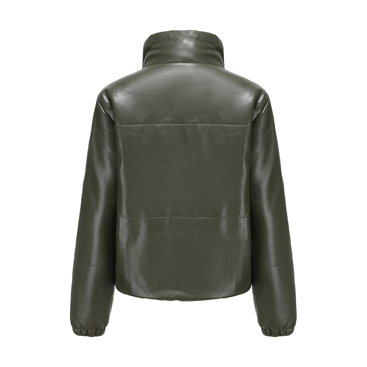 Faux Leather Stand Collar Puffer Jacket - Olive - 2