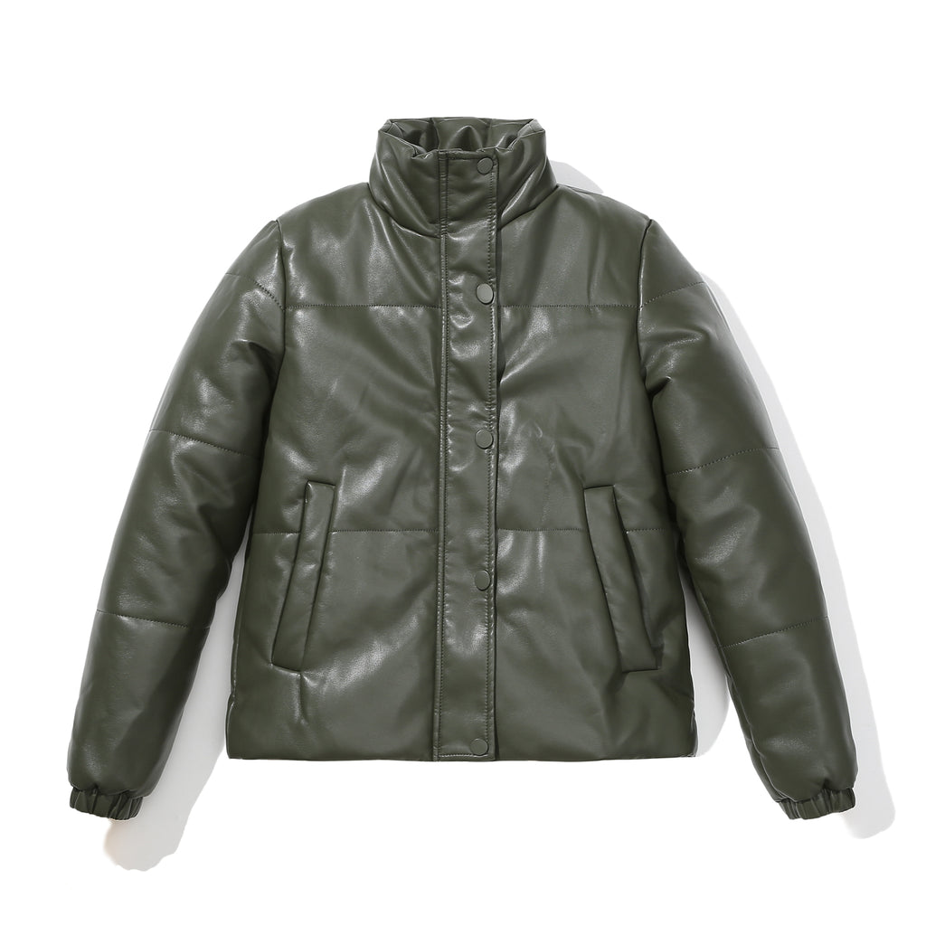Faux Leather Stand Collar Puffer Jacket - Olive - 3