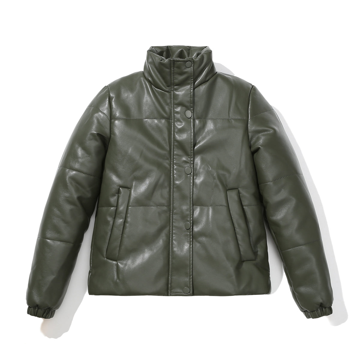 Faux Leather Stand Collar Puffer Jacket - Olive - 3
