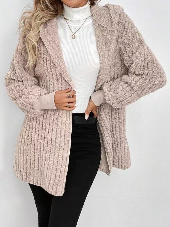 Hooded Ribbed Plush Longline Cardigan - Khaki