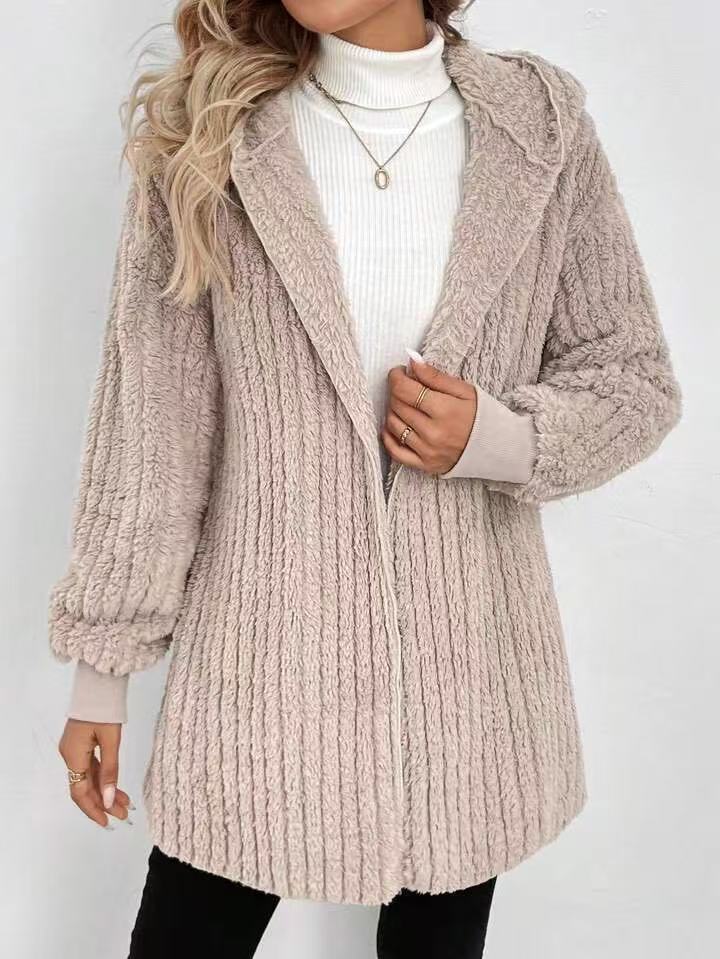 Hooded Ribbed Plush Longline Cardigan - Khaki - 1