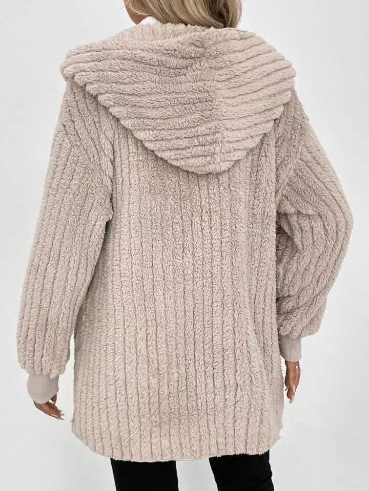 Hooded Ribbed Plush Longline Cardigan - Khaki - 2