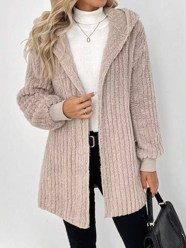 Hooded Ribbed Plush Longline Cardigan