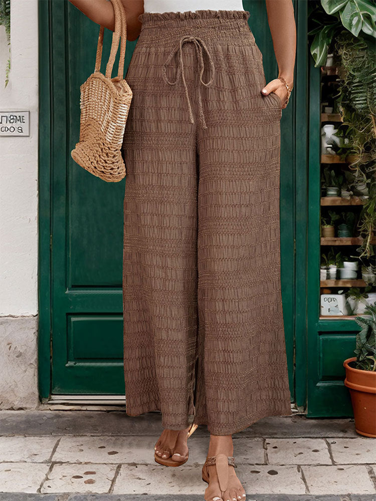 Smocked Waist Crinkle Palazzo Trousers - Coffee - 1