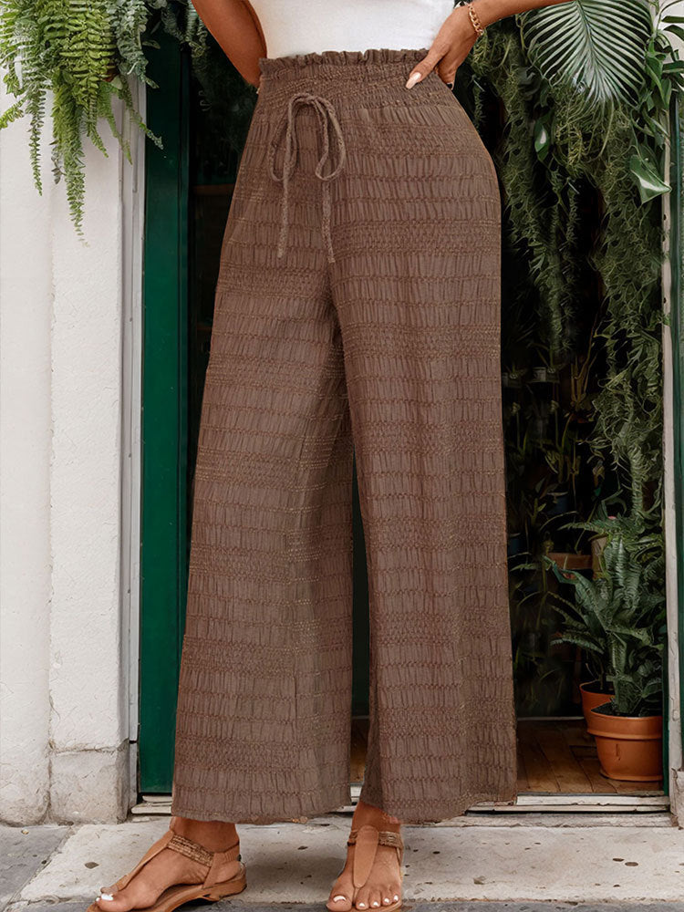 Smocked Waist Crinkle Palazzo Trousers - Coffee - 3