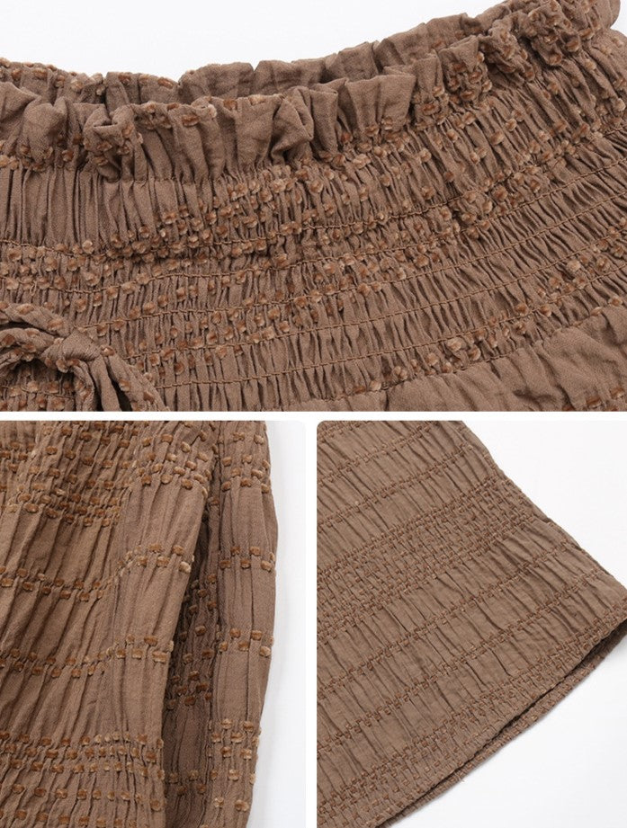 Smocked Waist Crinkle Palazzo Trousers - Coffee - 4