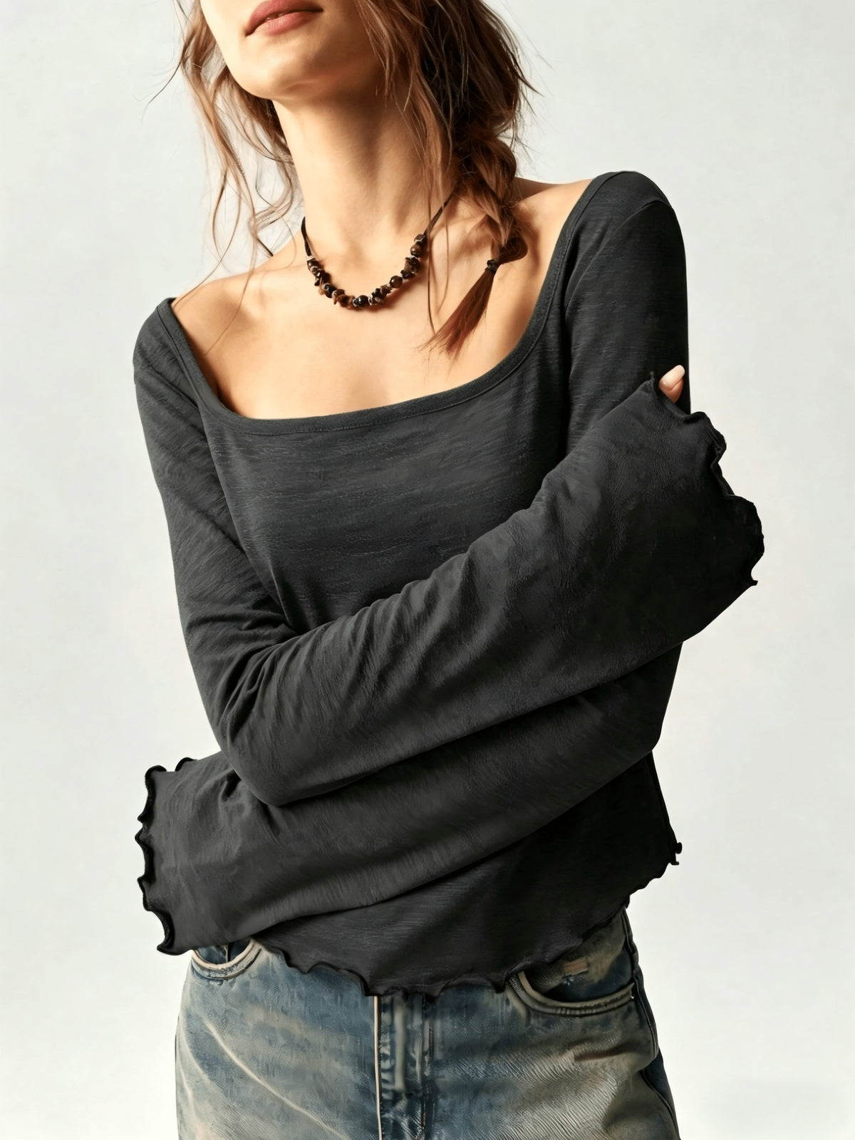 Lettuce Edge Flare Sleeve Slub Knit Blouse - Black