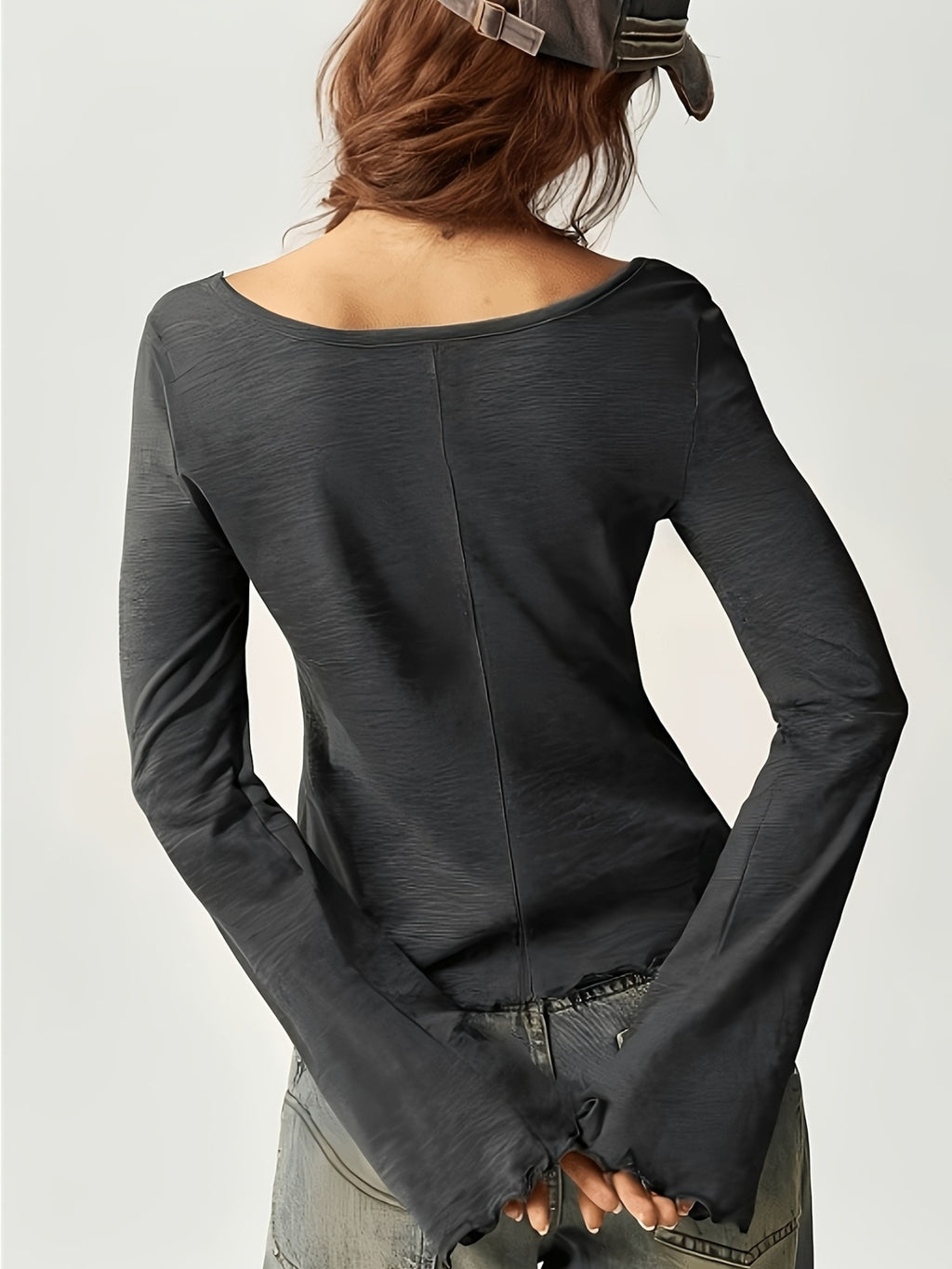 Lettuce Edge Flare Sleeve Slub Knit Blouse - Black - 1
