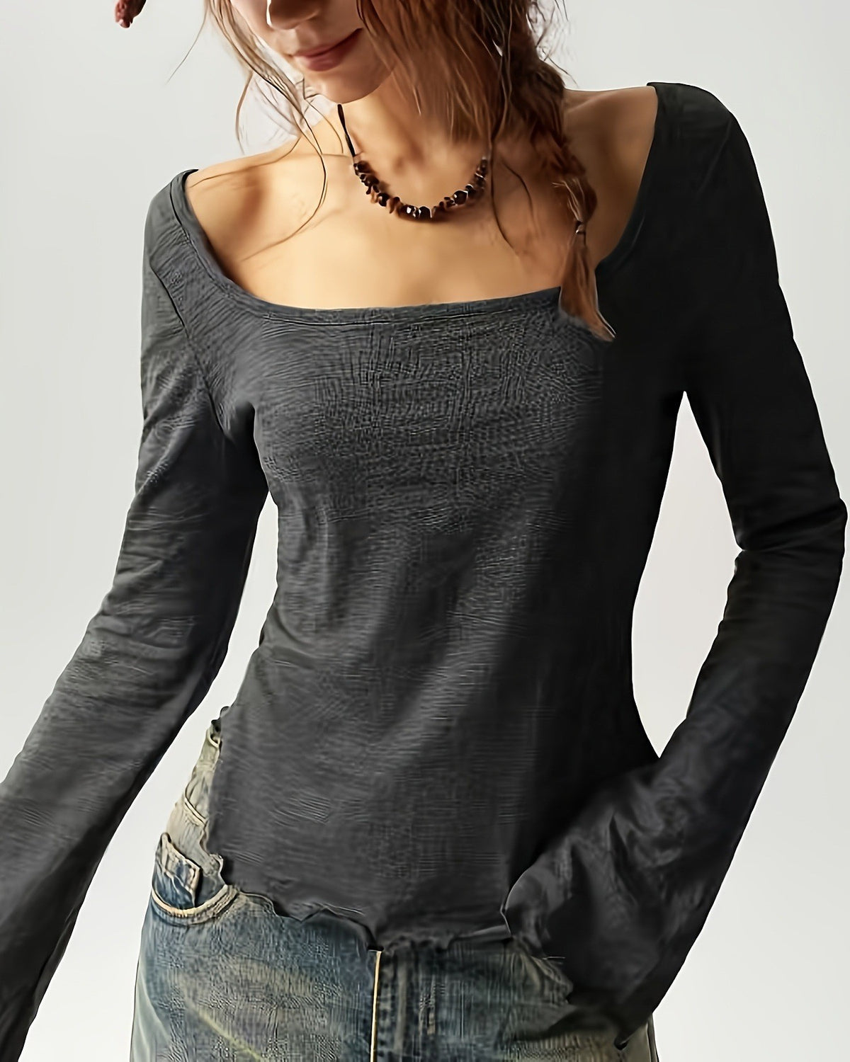 Lettuce Edge Flare Sleeve Slub Knit Blouse - Black - 2