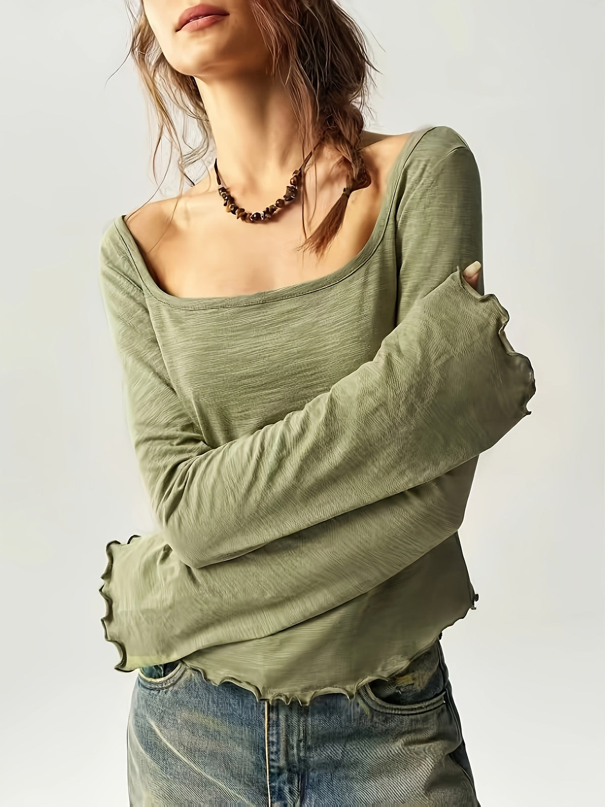 Lettuce Edge Flare Sleeve Slub Knit Blouse - Green
