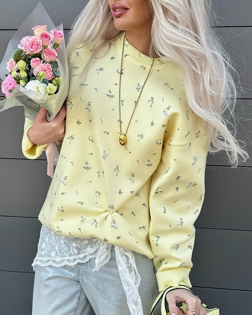 Ditsy Floral Print Oversized Knit Pullover - Yellow