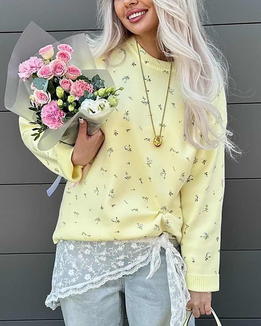 Ditsy Floral Print Oversized Knit Pullover - Yellow - 1