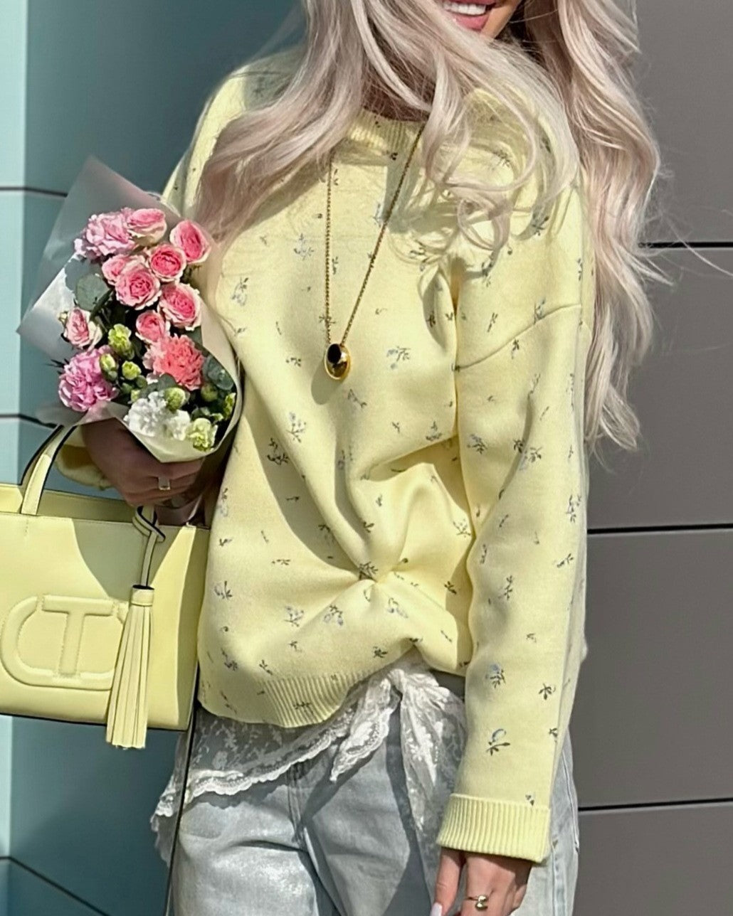 Ditsy Floral Print Oversized Knit Pullover - Yellow - 3