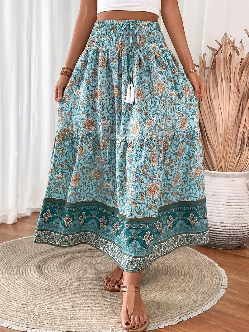 Floral Tiered Maxi Skirt With Tassel Tie - Green