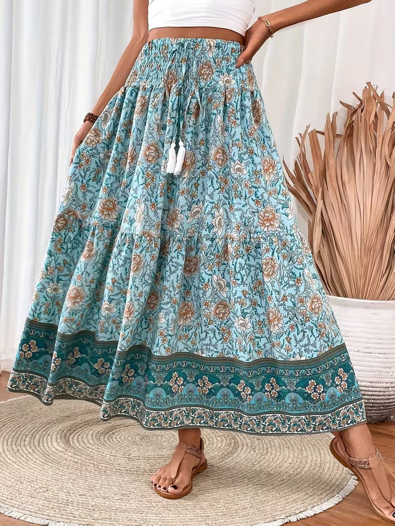 Floral Tiered Maxi Skirt With Tassel Tie - Green - 1