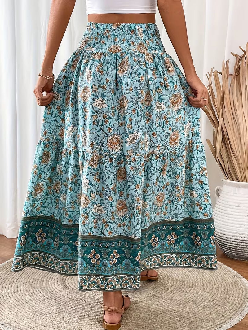Floral Tiered Maxi Skirt With Tassel Tie - Green - 2