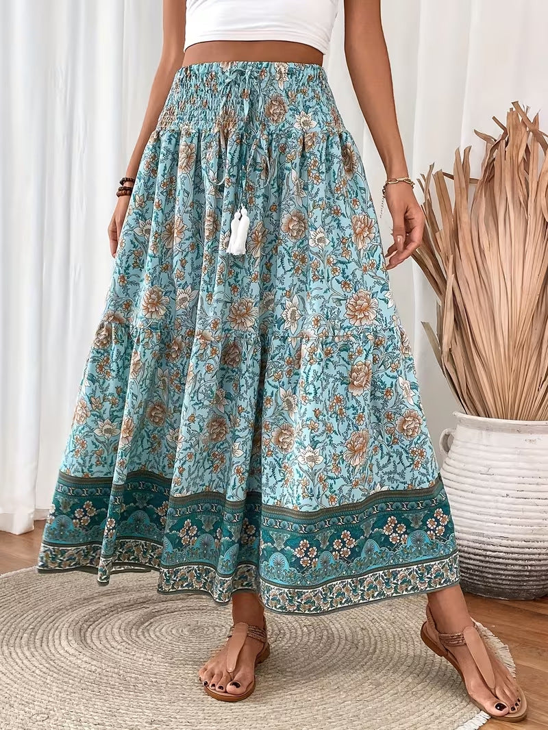 Floral Tiered Maxi Skirt With Tassel Tie - Green - 3