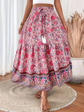 Floral Tiered Maxi Skirt With Tassel Tie - Pink