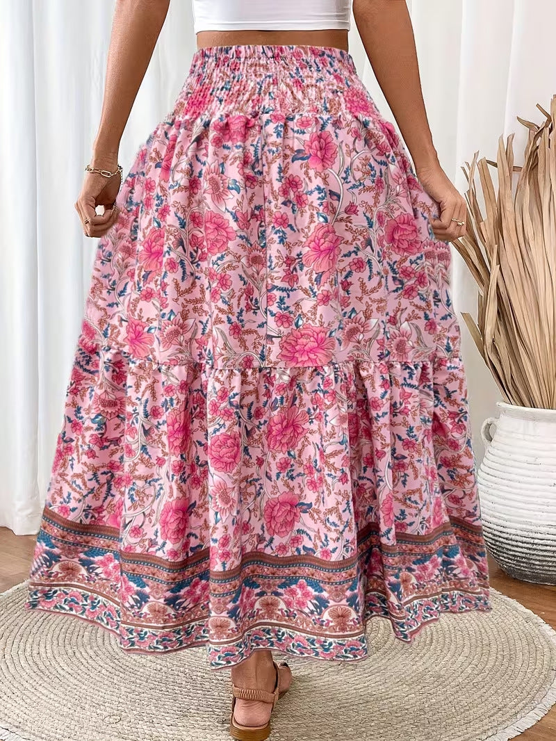 Floral Tiered Maxi Skirt With Tassel Tie - Pink - 1