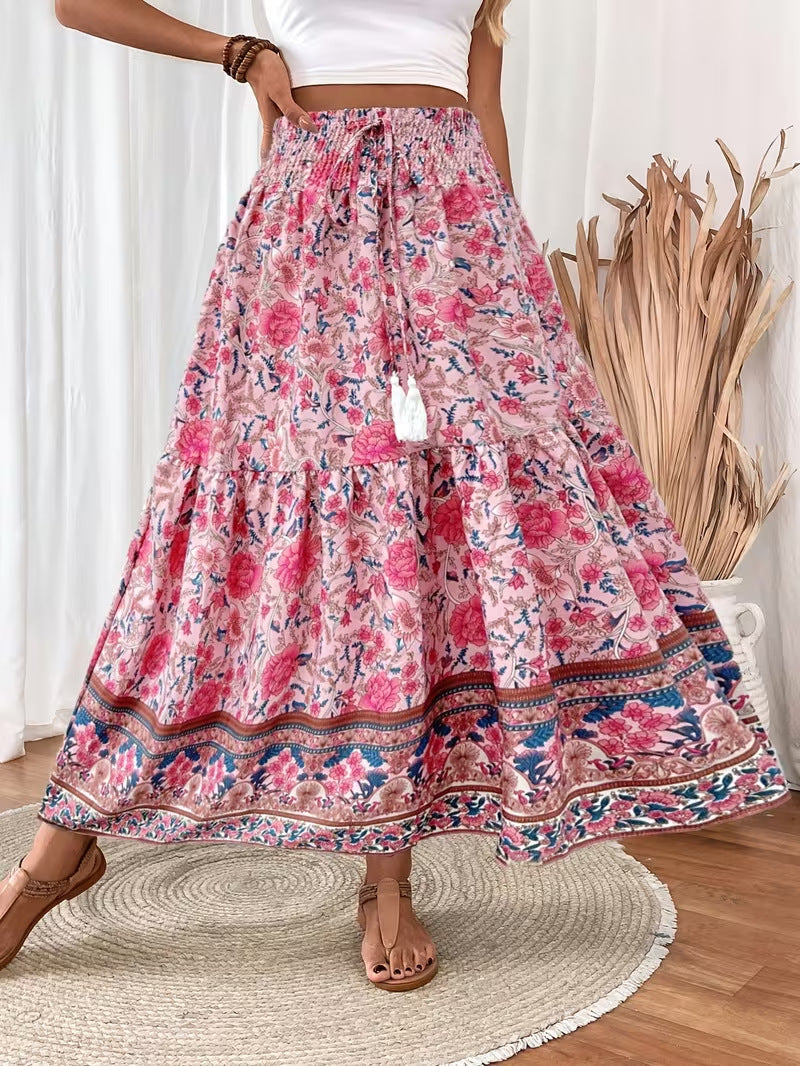 Floral Tiered Maxi Skirt With Tassel Tie - Pink - 2