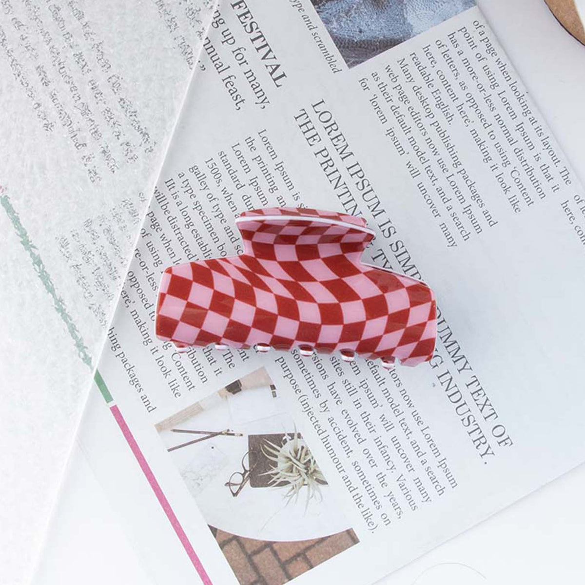 Heart Print Checkered Hair Claw Clip - NO03