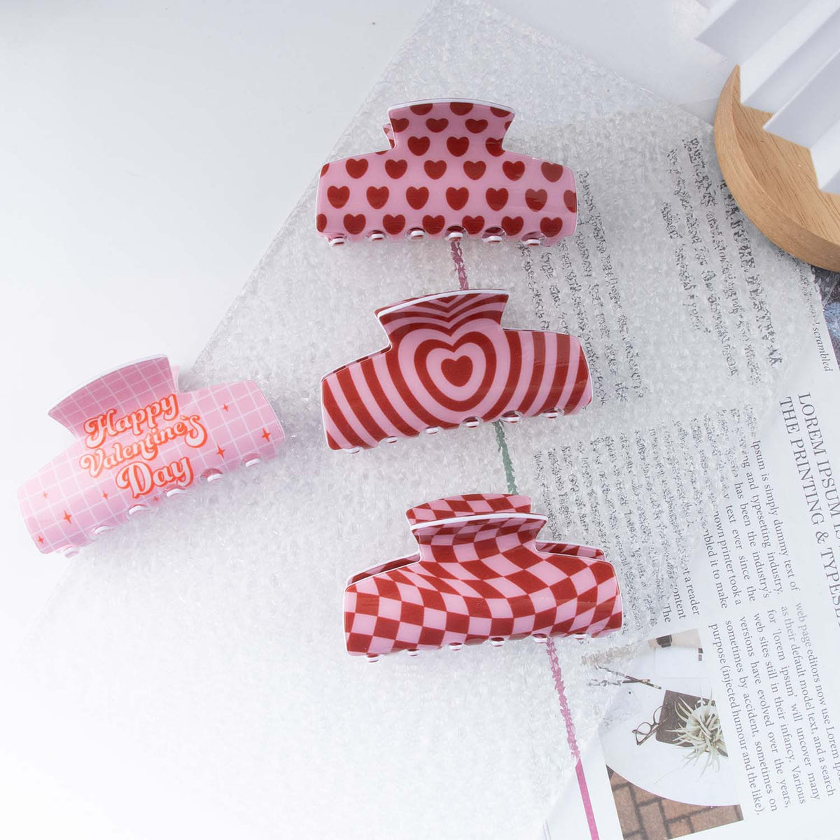 Heart Print Checkered Hair Claw Clip
