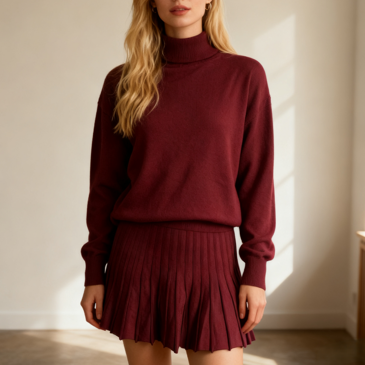 Pleated Mini Skirt And Turtleneck Knit Set