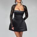 Lace Sleeve Satin A Line Mini Dress - Black