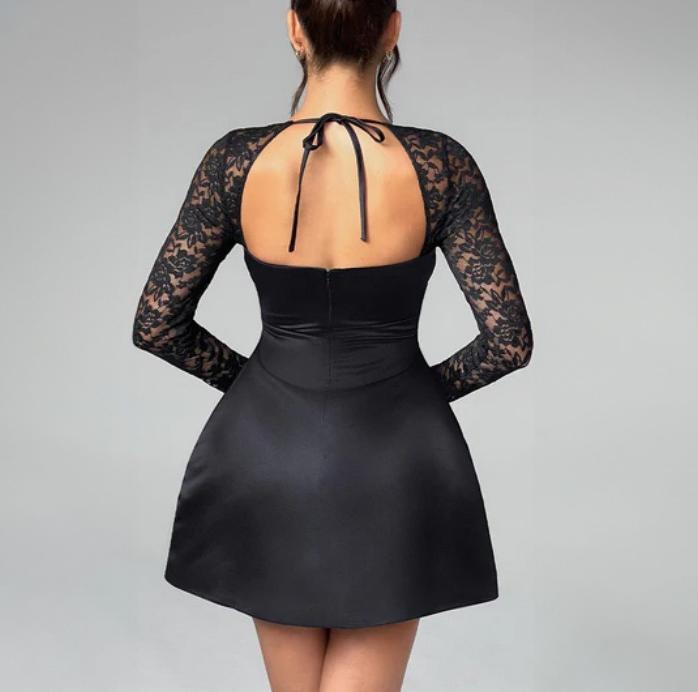 Lace Sleeve Satin A Line Mini Dress - Black - 1