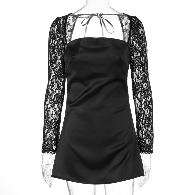 Lace Sleeve Satin A Line Mini Dress - Black - 2