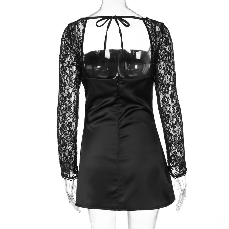 Lace Sleeve Satin A Line Mini Dress - Black - 3