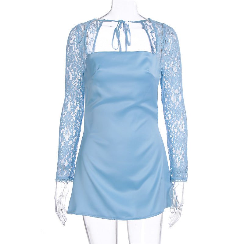Lace Sleeve Satin A Line Mini Dress - Blue - 1