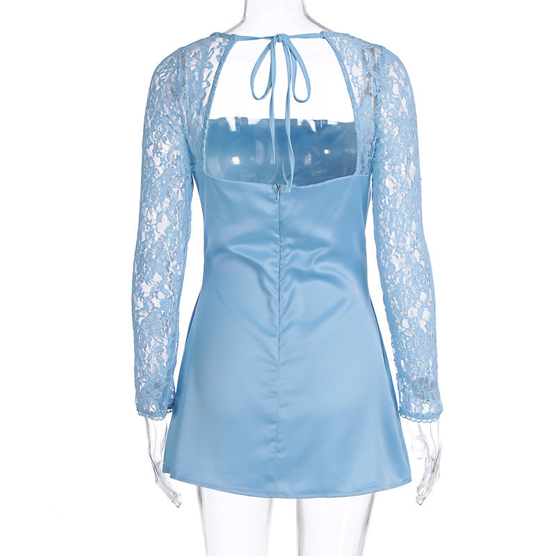 Lace Sleeve Satin A Line Mini Dress - Blue - 2