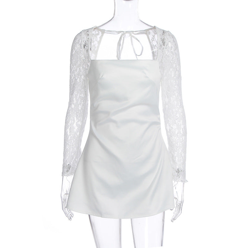 Lace Sleeve Satin A Line Mini Dress - White - 2