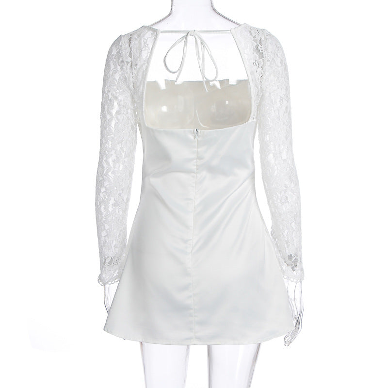 Lace Sleeve Satin A Line Mini Dress - White - 3