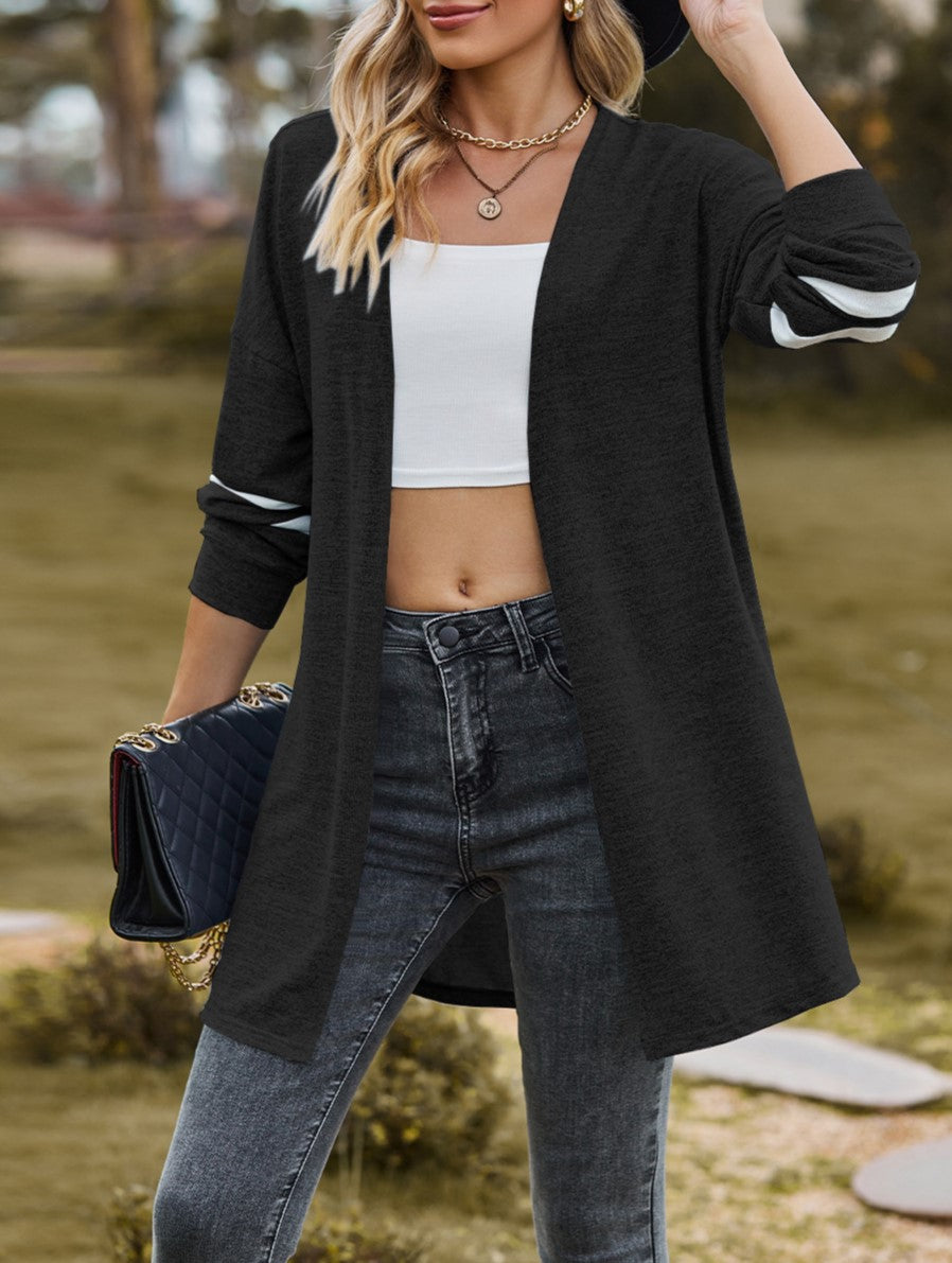 Varsity Stripe Open Front Longline Cardigan - Black - 1