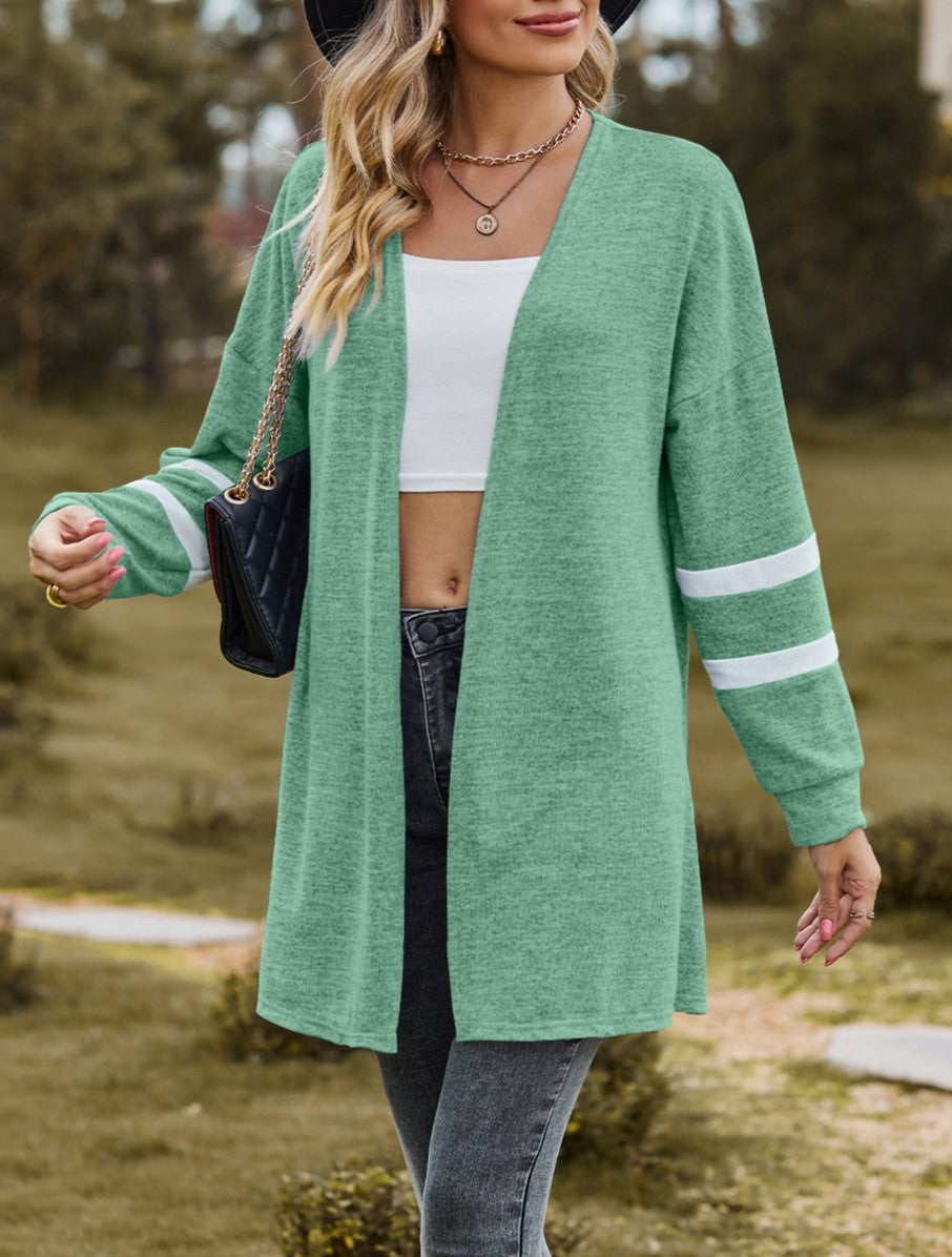 Varsity Stripe Open Front Longline Cardigan - Green