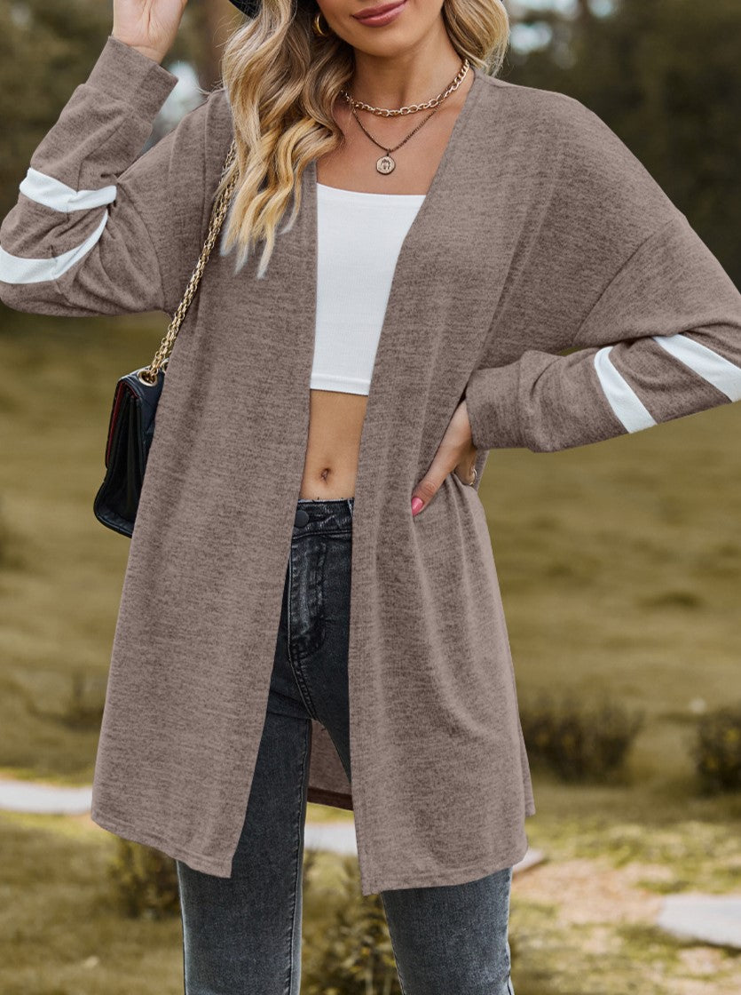 Varsity Stripe Open Front Longline Cardigan - Khaki - 1