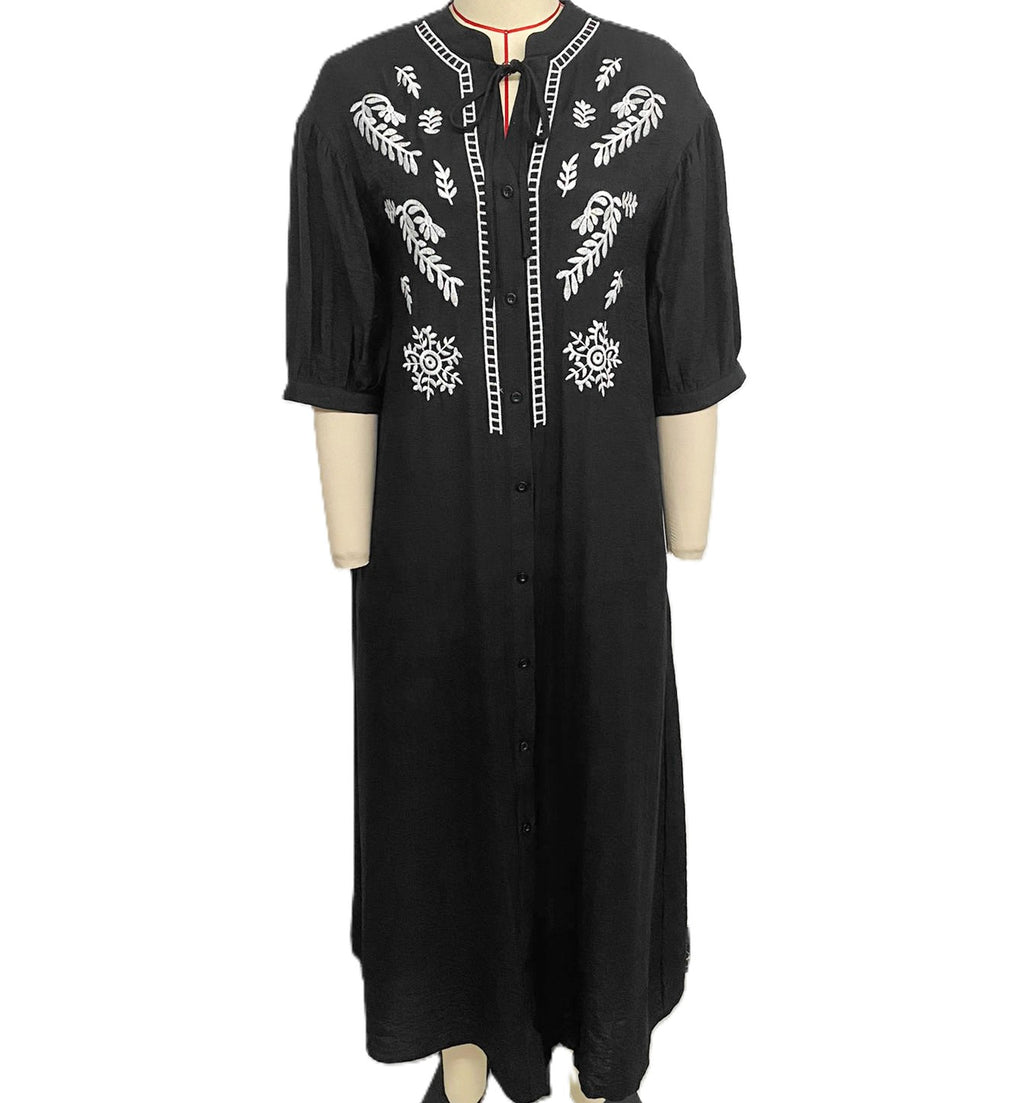 Embroidered Yoke Split Neck Maxi Dress - Black - 1