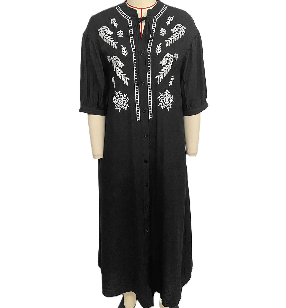 Embroidered Yoke Split Neck Maxi Dress - Black - 1