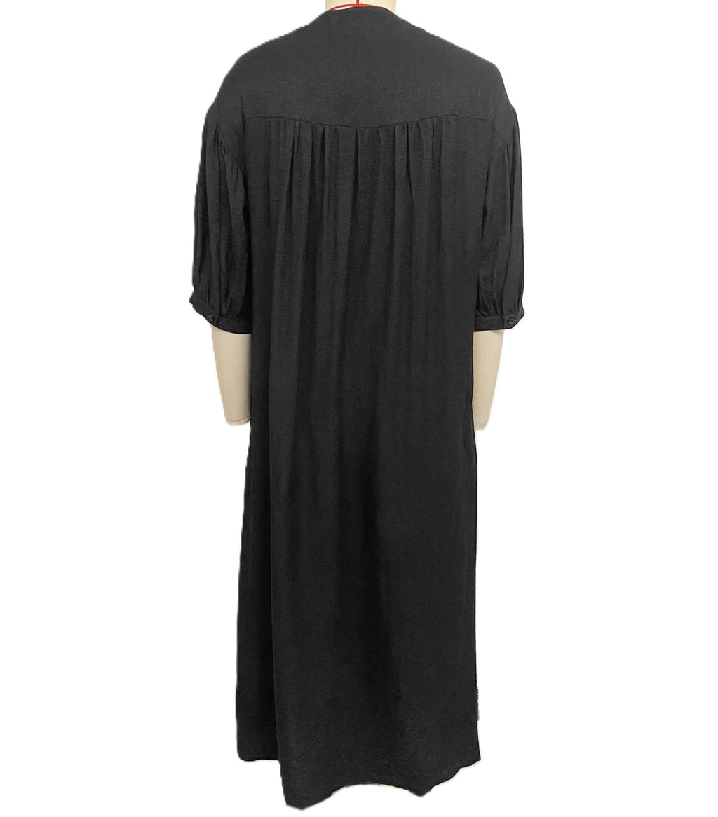Embroidered Yoke Split Neck Maxi Dress - Black - 2