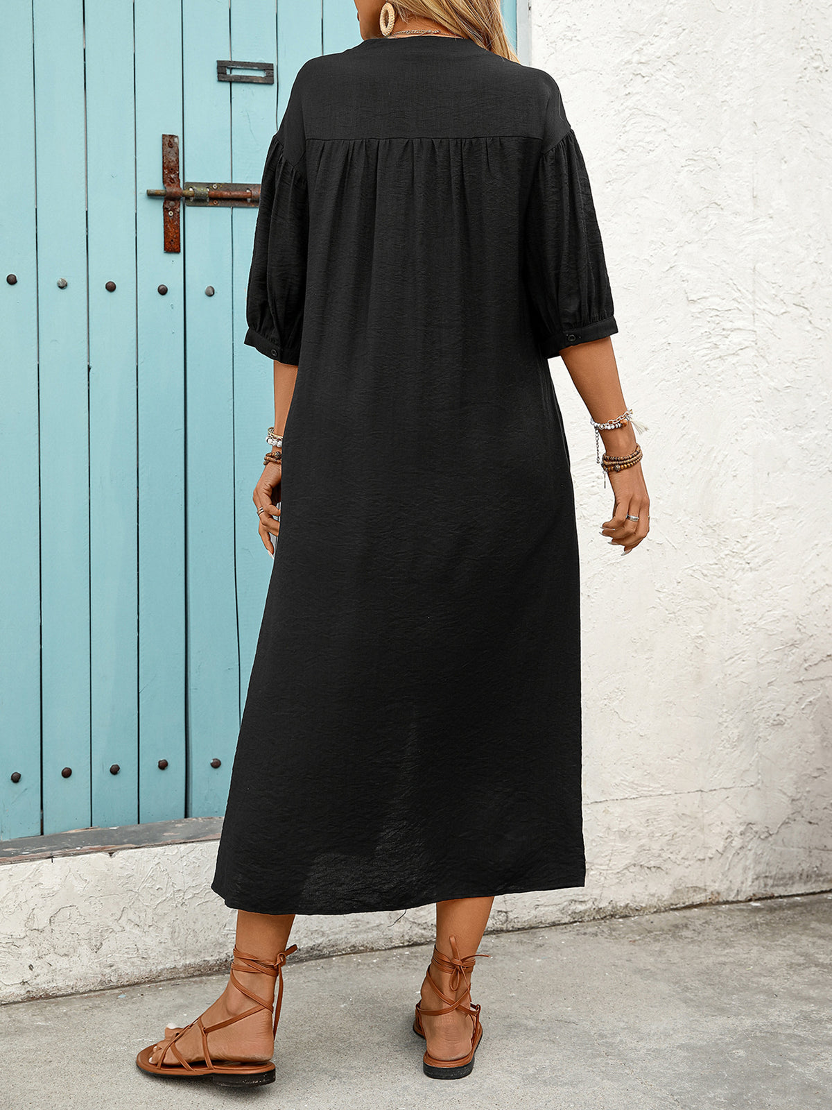 Embroidered Yoke Split Neck Maxi Dress - Black - 4