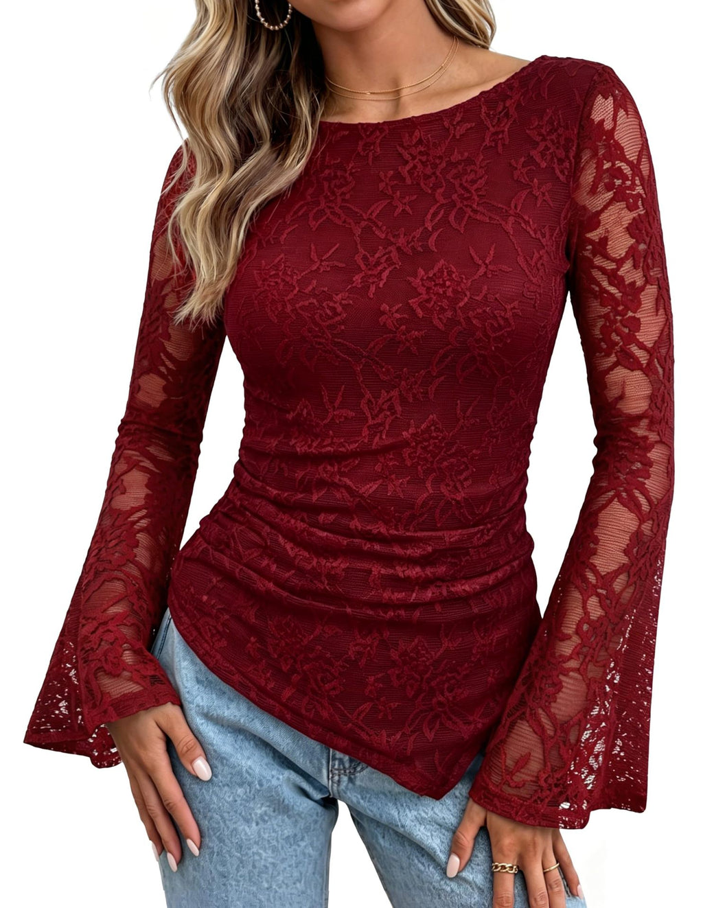 Lace Bell Sleeve Blouse With Ruched Asymmetric Hem - Red