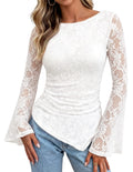 Lace Bell Sleeve Blouse With Ruched Asymmetric Hem - White