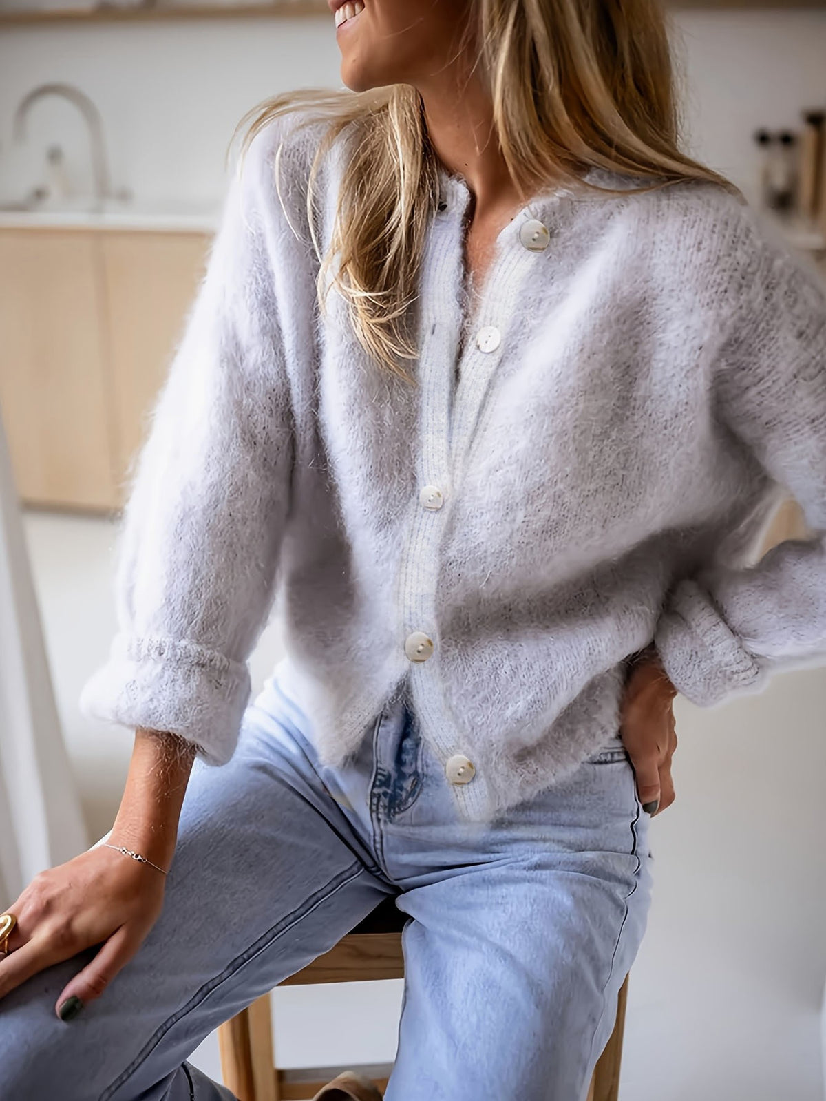 Brushed Fuzzy Round Neck Knit Cardigan - Grey