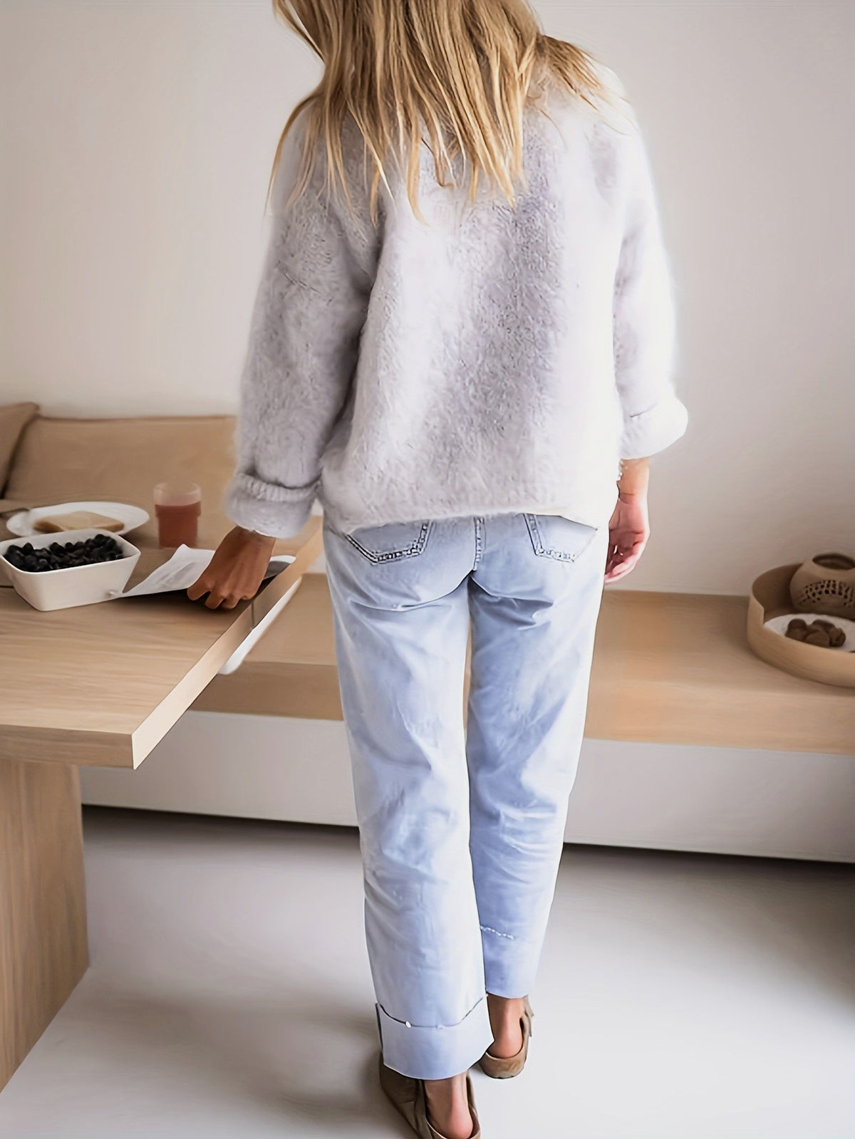 Brushed Fuzzy Round Neck Knit Cardigan - Grey - 1